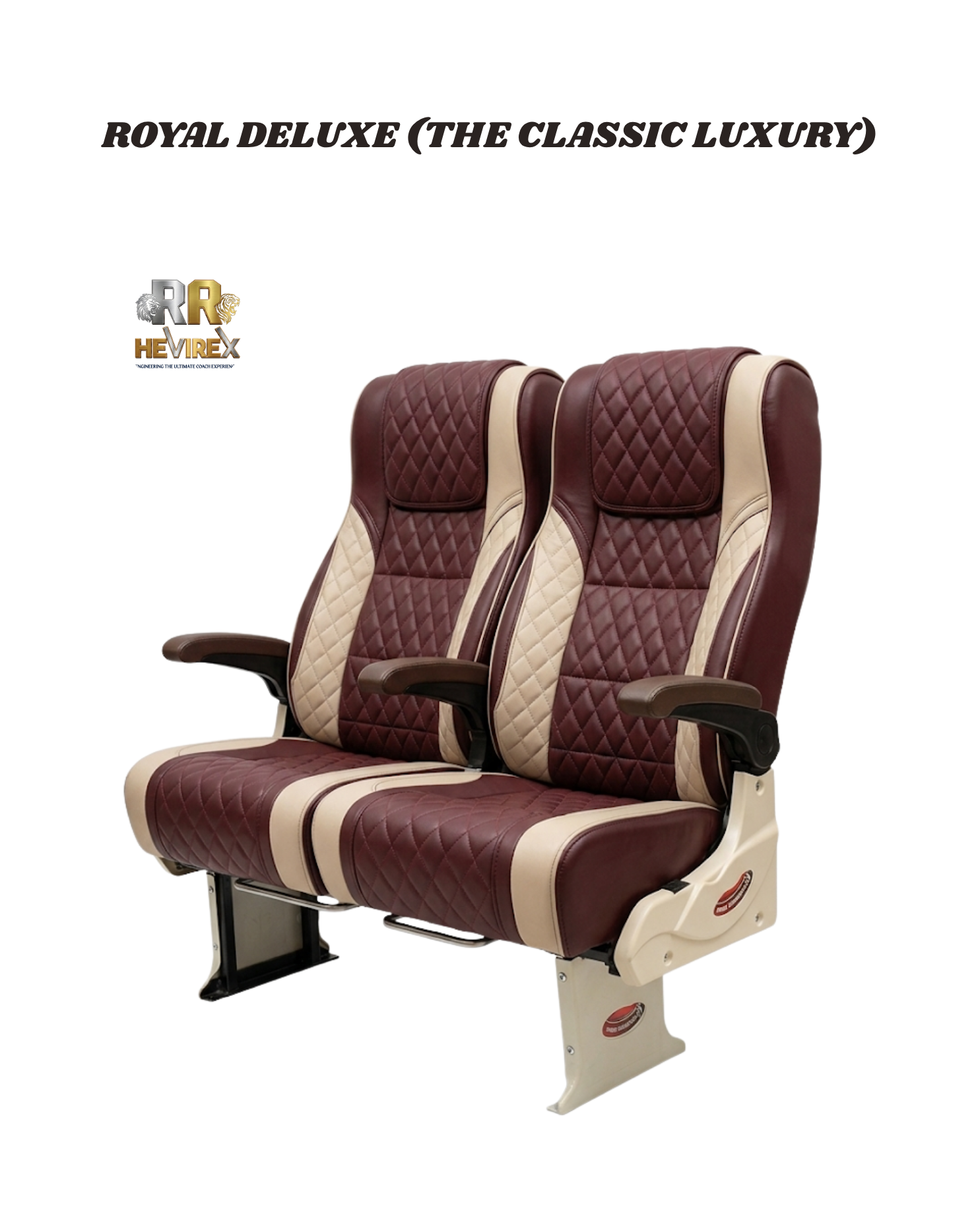 RR Hevirex Royal Deluxe MODEL RRH-E03 — premium luxury semi-sleeper bus seat for long-haul interstate coaches, high-density PUF foam with full recline, bus seat manufacturer Karur Tamil Nadu